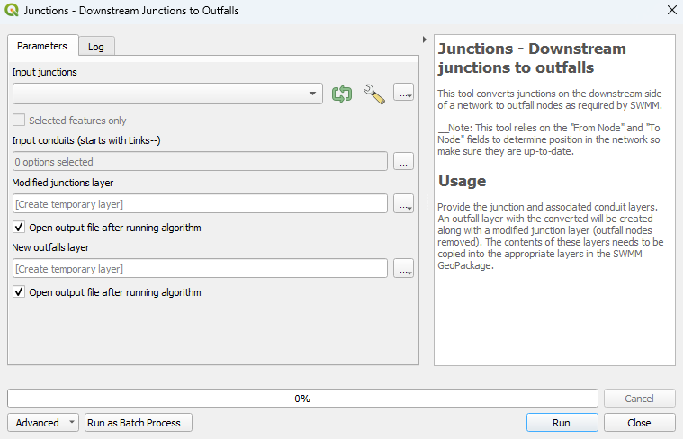 Junctions Downstream Junctions to Outfalls Dialog c.png