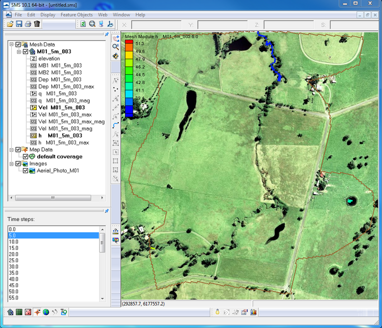 SMS Showing Aerial Photo and TUFLOW Results
